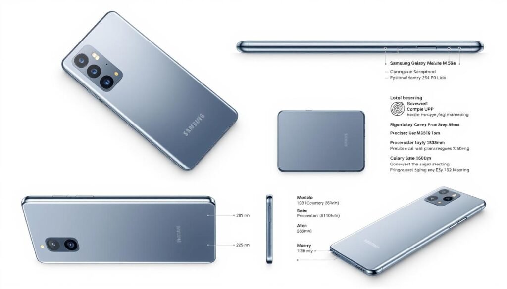 A highly detailed technical illustration of the Samsung Galaxy M34 smartphone. Show the device from multiple angles, highlighting its key specifications and design features. Capture a clean, minimalist aesthetic with a plain white background and soft lighting. Emphasize the sleek, modern styling of the handset, with emphasis on the camera module, display, and metallic chassis. Include precise measurements, processor details, memory capacities, and other technical data. Convey a sense of high-quality engineering and premium craftsmanship through the visual presentation.