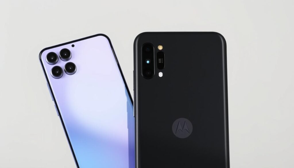 A meticulously detailed, high-resolution photograph of two prominent smartphone models, the Samsung Galaxy A16 and the Moto E32, against a clean, neutral background. The devices are presented in a side-by-side arrangement, illuminated by soft, natural lighting that highlights their distinct design elements and features. The Samsung Galaxy A16 is showcased in its sleek, modern form with a vibrant display and a triple-camera array, while the Moto E32 is portrayed in its understated, practical aesthetic, emphasizing its streamlined silhouette and dual-camera setup. The image conveys a sense of comparison and contrast, inviting the viewer to explore the differences between these two popular smartphone options.