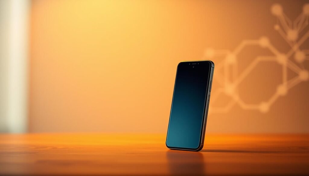 A modern and sleek mobile phone in the foreground, with a warm, well-lit studio setting. The phone should be prominently displayed, highlighting its design, features, and overall aesthetic appeal. In the background, subtle hints of technology and digital connectivity, such as abstract geometric shapes or minimalist circuit board patterns, create a sense of importance and relevance to the topic of choosing the right smartphone. The mood should convey a sense of thoughtfulness, professionalism, and the significance of making an informed decision when selecting a mobile device.
