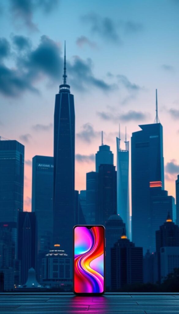 A modern, high-tech cityscape at dusk, with the silhouettes of various smartphone brands represented as towering corporate skyscrapers. In the foreground, the Xiaomi Redmi Note 13 stands out, its sleek design and vibrant display casting a warm glow against the cool, neon-tinged backdrop. The surrounding buildings, representing the competition, loom large, their imposing presence suggesting a fierce market rivalry. Diffused lighting from the cityscape casts dramatic shadows, creating a sense of tension and competition. The overall scene conveys the idea of Xiaomi's Redmi Note 13 navigating a challenging, yet dynamic market landscape.