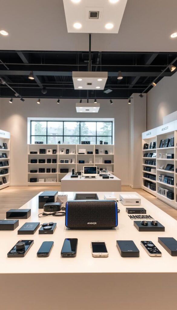 A modern retail store interior with clean, minimalist design. In the foreground, a display table showcases the Anker Soundcore 3 Bluetooth speaker, its sleek black body and vibrant blue accent lighting catching the eye. Carefully arranged around it are various audio accessories and related products. The middle ground features well-organized shelving units with a range of Anker audio devices. The background has large windows allowing natural light to flood the space, creating a bright, airy atmosphere. Ambient lighting fixtures provide a soft, inviting glow. The overall scene conveys a sense of high-quality, technology-focused products in a premium shopping environment.
