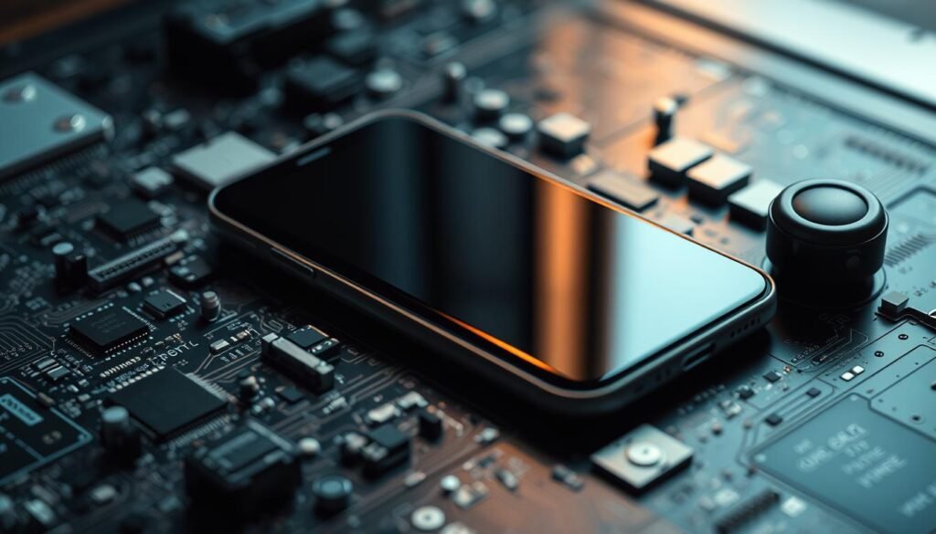 A modern, sleek smartphone centered in the frame, its glossy display and minimalist design reflecting a dimly lit, contemporary interior. The smartphone is surrounded by an array of technical components - circuit boards, processors, and various sensors - showcasing the intricate engineering behind these ubiquitous devices. The lighting is soft and directional, creating dramatic shadows that accentuate the smartphone's form. The background is blurred, placing the emphasis on the smartphone and the technology that powers it, conveying a sense of innovation and technological progress inherent to the introduction of smartphones.