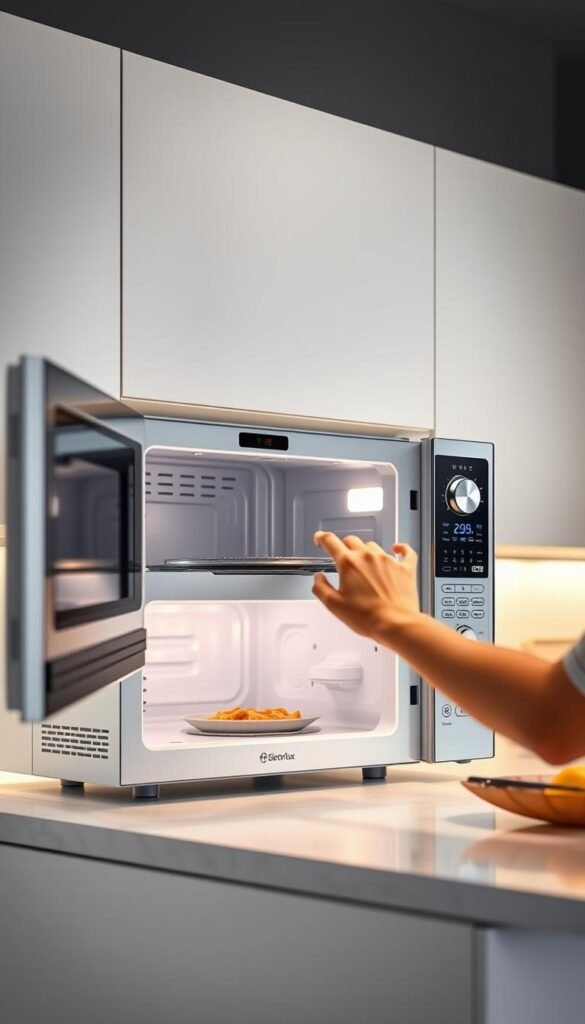 A modern, well-lit kitchen interior with a large Electrolux 34L microwave oven with grill feature prominently displayed on a clean, minimalist countertop. The microwave is open, revealing its interior components and controls. Hands of a person interacting with the microwave's display panel, adjusting settings and programs. Soft, diffused lighting illuminates the scene, creating a warm, inviting atmosphere. The composition emphasizes the ergonomic design and intuitive user interface of the Electrolux microwave, highlighting its ease of use and functionality.