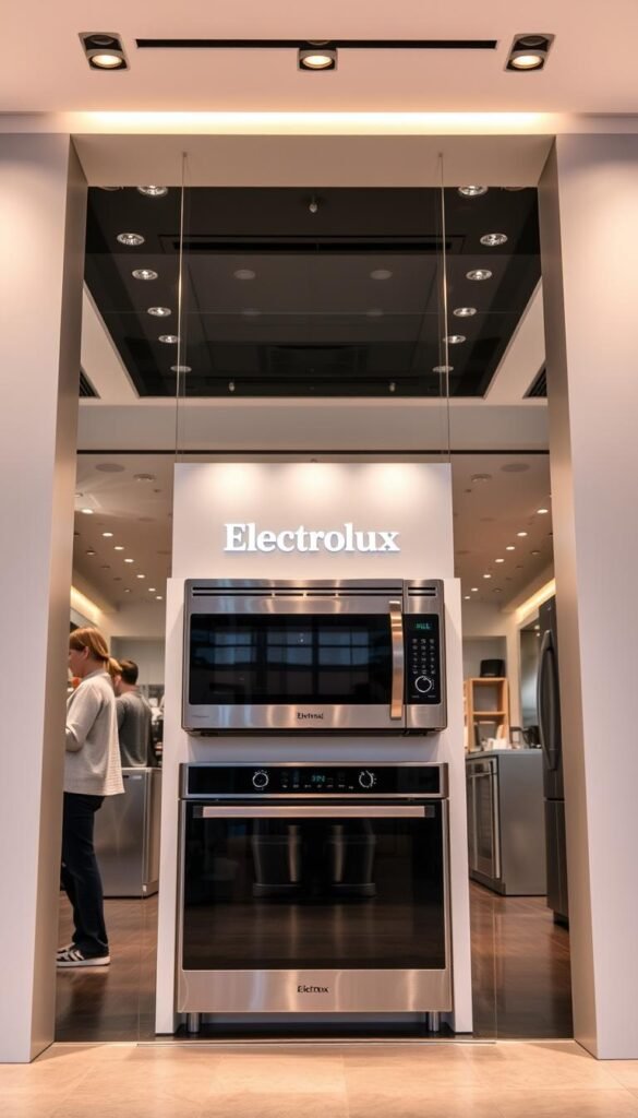 A modern, well-lit retail storefront showcasing an Electrolux 34L microwave oven with grill feature prominently displayed in the center. Sleek, stainless steel appliances gleam under warm, diffused lighting. A clean, minimalist interior design with subtle branding elements creates an aspirational, high-end shopping experience. Knowledgeable sales associates are visible, ready to assist customers. The scene conveys a sense of quality, reliability, and premium value associated with the Electrolux brand.