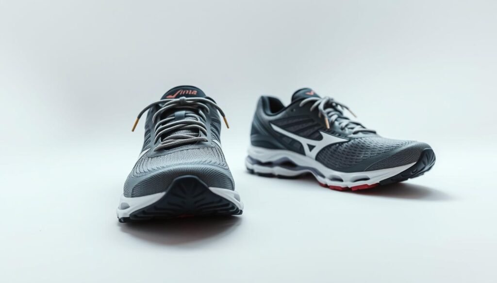 A pair of Mizuno Wave Invictus 4 running shoes, prominently displayed in a softly lit, minimalist studio setting. The shoes are centered, with a clean white background that accentuates their sleek, modern design. The camera angle is slightly elevated, capturing the subtle contours and high-quality materials of the shoe's upper and midsole. The lighting is diffused, creating a sense of depth and highlighting the shoe's comfort-focused features, such as the cushioned sole and flexible mesh upper. The overall mood is one of sophistication and attention to detail, conveying the premium quality and comfort of the Mizuno Wave Invictus 4.