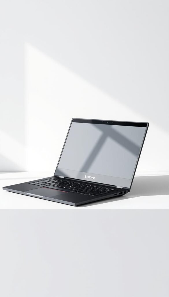 A photorealistic image of a Lenovo IdeaPad 3i laptop computer, showcased on a clean, minimalist desk. The laptop is presented in a well-lit, studio-like setting, with soft, directional lighting accentuating its sleek design and matte black finish. The laptop is positioned at a slight angle, allowing the viewer to appreciate its clean lines and elegant aesthetic. The background is a neutral, white or light gray, placing the focus squarely on the IdeaPad 3i and its design elements. The image conveys a sense of quality, sophistication, and attention to detail, reflecting the premium nature of the device.