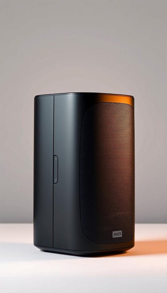 A professional-grade Bluetooth speaker, the Anker Soundcore 3, stands prominently against a clean, minimalist backdrop. Elegant curves and a sleek, charcoal-colored body exude a sense of modern sophistication. Soft, diffused lighting from the side casts a warm glow, highlighting the speaker's premium metal grille and discrete control panel. The overall composition conveys a feeling of balanced, high-quality audio performance - a fitting conclusion to the analysis of this exceptional Bluetooth speaker.