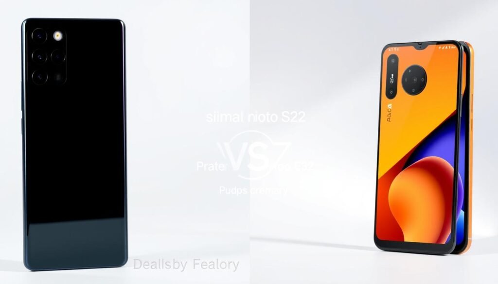A side-by-side comparison of the flagship Samsung Galaxy S22 and the budget-friendly Moto E32 smartphones. The foreground showcases the sleek, premium designs of the devices, emphasizing their distinct aesthetic features and form factors. The middle ground highlights key technical specifications like processor, camera, and display, allowing a visual contrast between the high-end and entry-level models. The background blends a soft, minimalist gradient, creating a clean, professional atmosphere to complement the focus on the products. Subtle lighting and angles accentuate the curves and textures of the smartphones, inviting the viewer to appreciate the design details. This composite image aims to visually encapsulate the differences between the two phones, setting the stage for a meaningful comparison.