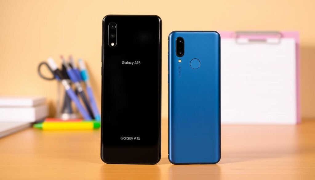 A side-by-side comparison of the sleek Samsung Galaxy A15 and the compact Moto E32 smartphones. The Galaxy A15 stands tall with its glossy black chassis, while the Moto E32 boasts a matte blue finish. Centered in the frame, the devices' screens illuminate, showcasing their vibrant displays. In the background, a soft blur of office supplies, representing the practical nature of these everyday devices. Warm, diffused lighting casts subtle shadows, creating depth and emphasizing the smartphones' elegant designs. The composition conveys a sense of balance and symmetry, inviting the viewer to explore the key similarities and differences between these two popular mobile options.