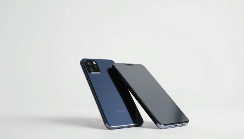 A side-by-side comparison of two sleek, modern smartphones against a minimalist white backdrop. The smartphones are positioned at a slight angle, allowing for a clear view of their front and side profiles. Soft, diffused lighting creates depth and highlights the smooth, glossy surfaces. The scene conveys a sense of sophistication and technological prowess, inviting the viewer to closely examine the subtle design differences between the two devices. The overall composition is clean, balanced, and emphasizes the key visual elements, creating an impactful illustration for the comparative smartphone review. A side-by-side comparison of two sleek, modern smartphones against a minimalist white backdrop. The smartphones are positioned at a slight angle, allowing for a clear view of their front and side profiles. Soft, diffused lighting creates depth and highlights the smooth, glossy surfaces. The scene conveys a sense of sophistication and technological prowess, inviting the viewer to closely examine the subtle design differences between the two devices. The overall composition is clean, balanced, and emphasizes the key visual elements, creating an impactful illustration for the comparative smartphone review.
