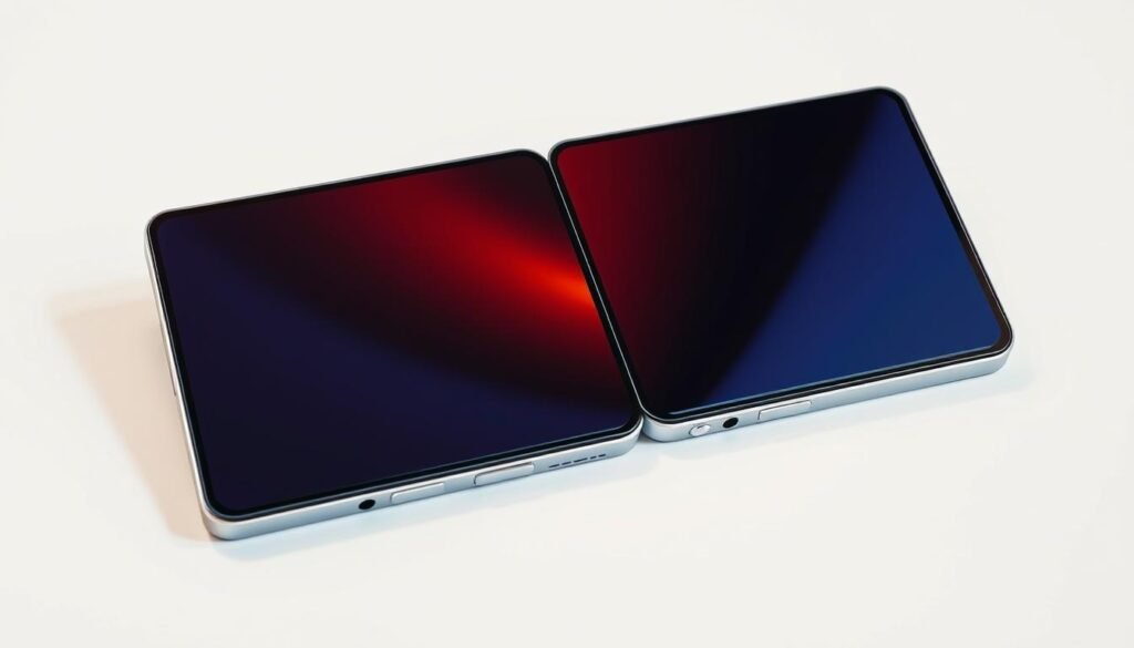 A sleek and captivating foldable smartphone, the Samsung Galaxy Z Fold6 takes center stage on a minimalist white background. The device's dual-screen design is showcased in intricate detail, with the outer display seamlessly transitioning into the larger inner screen, creating a mesmerizing transformation. Meticulously captured from multiple angles, the phone's brushed metal chassis, precisely engineered hinges, and stunning AMOLED panels exude a premium, futuristic aesthetic. Warm, directional lighting accentuates the product's cutting-edge features, casting subtle shadows that add depth and dimension to the composition. This comprehensive visual representation perfectly encapsulates the essence of the Samsung Galaxy Z Fold6, inviting the viewer to explore its innovative capabilities.