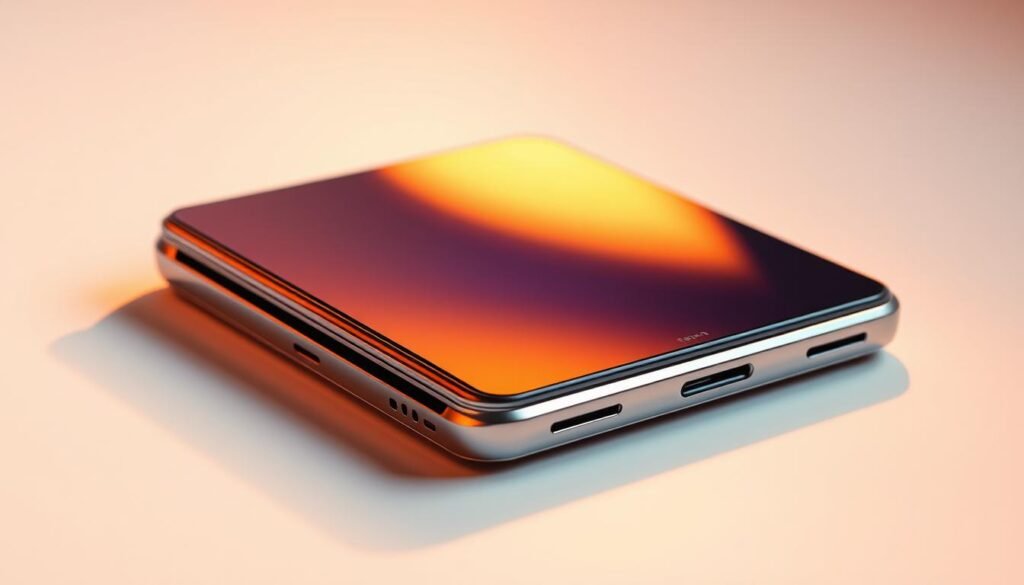 A sleek and innovative foldable smartphone, its metallic body gleaming under warm studio lighting. The display seamlessly unfolds, revealing a large, vibrant screen. Intricate hinge mechanisms allow for effortless transformations, transitioning from compact to expansive. Attention to detail is evident in the chamfered edges and subtle curves that enhance the overall ergonomic design. The device rests on a minimalist surface, casting a soft shadow that accentuates its refined aesthetic. This futuristic smartphone exemplifies the latest advancements in mobile technology, blending form and function to redefine the user experience.