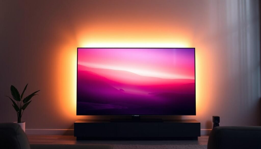 A sleek and modern 50-inch Philips Smart TV with an Ambilight technology-infused display stands prominently in a dimly lit living room. The screen emanates a warm, ambient glow, casting a soft, immersive light onto the surrounding walls, creating an atmosphere of heightened visual engagement. The TV's clean, minimalist design blends seamlessly with the room's contemporary decor, while its 4K resolution and advanced image processing capabilities deliver stunning, lifelike visuals. Subtle reflections dance across the screen's glossy surface, hinting at the technology's depth and sophistication. The Ambilight system seamlessly extends the onscreen action, drawing the viewer further into the immersive entertainment experience. A sleek and modern 50-inch Philips Smart TV with an Ambilight technology-infused display stands prominently in a dimly lit living room. The screen emanates a warm, ambient glow, casting a soft, immersive light onto the surrounding walls, creating an atmosphere of heightened visual engagement. The TV's clean, minimalist design blends seamlessly with the room's contemporary decor, while its 4K resolution and advanced image processing capabilities deliver stunning, lifelike visuals. Subtle reflections dance across the screen's glossy surface, hinting at the technology's depth and sophistication. The Ambilight system seamlessly extends the onscreen action, drawing the viewer further into the immersive entertainment experience.