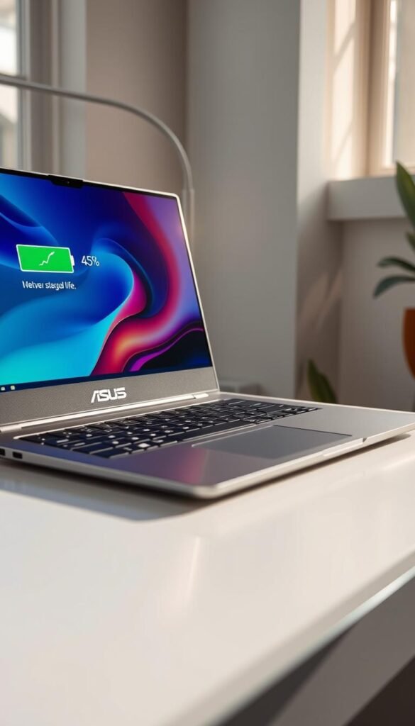 A sleek and modern ASUS VivoBook 15 OLED laptop, its screen illuminated with a vibrant OLED display. The battery life indicator shows a full charge, suggesting long-lasting performance. The laptop is placed on a minimalist desk, with natural light filtering in through a nearby window, casting a soft, flattering glow on the device. The scene conveys a sense of productivity and efficiency, reflecting the power and reliability of the ASUS VivoBook 15 OLED's battery life.