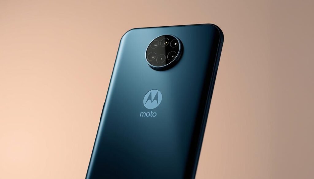 A sleek and modern Motorola Moto G24 smartphone, captured from a front-angled perspective against a soft, blurred background. The device's display is illuminated, showcasing its vibrant, high-resolution screen. The matte finish of the device's body reflects a subtle, ambient lighting, accentuating its clean, minimalist design. The camera module is prominently featured, with its multiple lenses neatly arranged. The overall composition emphasizes the Moto G24's sophisticated and ergonomic form factor, inviting the viewer to appreciate its refined aesthetic and user-friendly features.