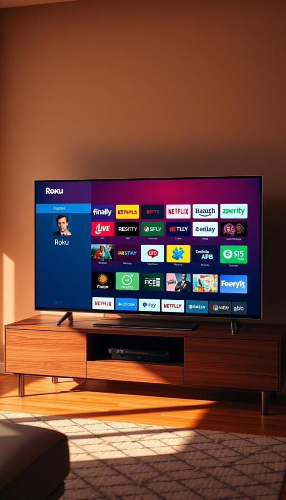 A sleek and modern Philco Roku TV 4K, its screen displaying a vibrant array of streaming app icons. The TV stands on a minimalist wooden entertainment unit, its slim profile and clean lines complementing the sophisticated living room setting. Warm, directional lighting casts subtle shadows, highlighting the TV's crisp 4K resolution and vivid colors. The app icons are neatly organized, showcasing a diverse selection of popular streaming services. The overall scene conveys a sense of technological integration and entertainment-focused living, perfect for illustrating the "Aplicativos e Streaming na Philco Roku TV 4K" section of the article.