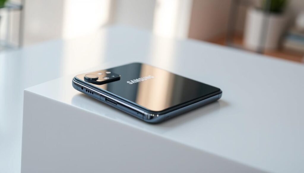A sleek and modern Samsung Galaxy A05s smartphone resting on a minimalist white surface, captured with a high-resolution camera lens and soft, natural lighting. The device's distinctive design features, including its curved edges, camera module, and ports, are prominently displayed. The background is blurred, creating a sense of depth and focus on the smartphone's elegant form. The overall atmosphere is one of sophistication and attention to detail, reflecting the technical specifications and capabilities of this Samsung model.