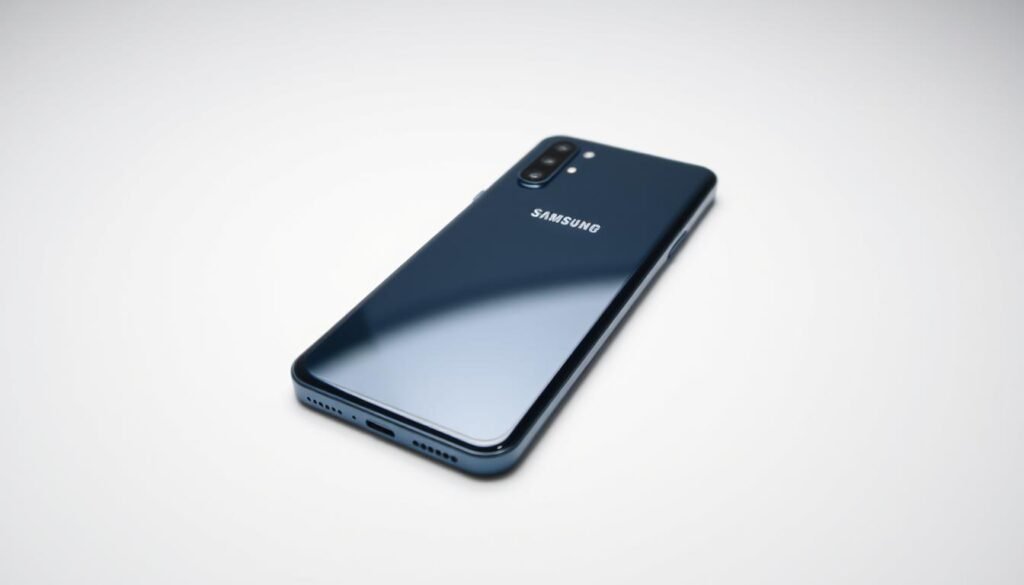 A sleek and modern Samsung Galaxy A06 smartphone, captured in a clean, well-lit studio setting. The device is displayed on a minimalist white surface, its curved edges and glossy finish reflecting the soft, diffused lighting. The camera angle emphasizes the phone's thin profile and elegant design, showcasing the seamless integration of the display, body, and camera module. The composition is balanced, with the Galaxy A06 dominating the frame, and the background kept simple to draw the viewer's attention to the device's refined aesthetics and premium construction.