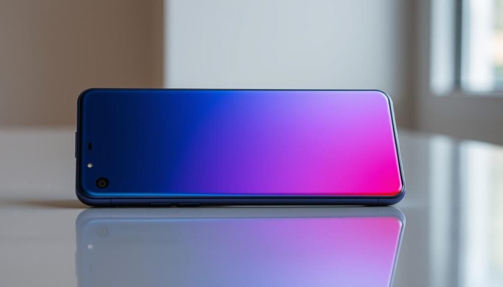 A sleek and modern Samsung Galaxy A55 smartphone, captured in a well-lit, high-resolution photograph. The device is centered in the frame, showcasing its elegant design with a glossy, gradient-colored chassis that transitions seamlessly from a deep blue to a vibrant purple. The camera module is prominently displayed, its lenses and sensors meticulously detailed. The screen is turned on, displaying a clean, minimalist interface that complements the device's overall aesthetic. The background is blurred, allowing the Galaxy A55 to be the focal point, while subtle reflections on the surface add depth and a sense of sophistication to the image.