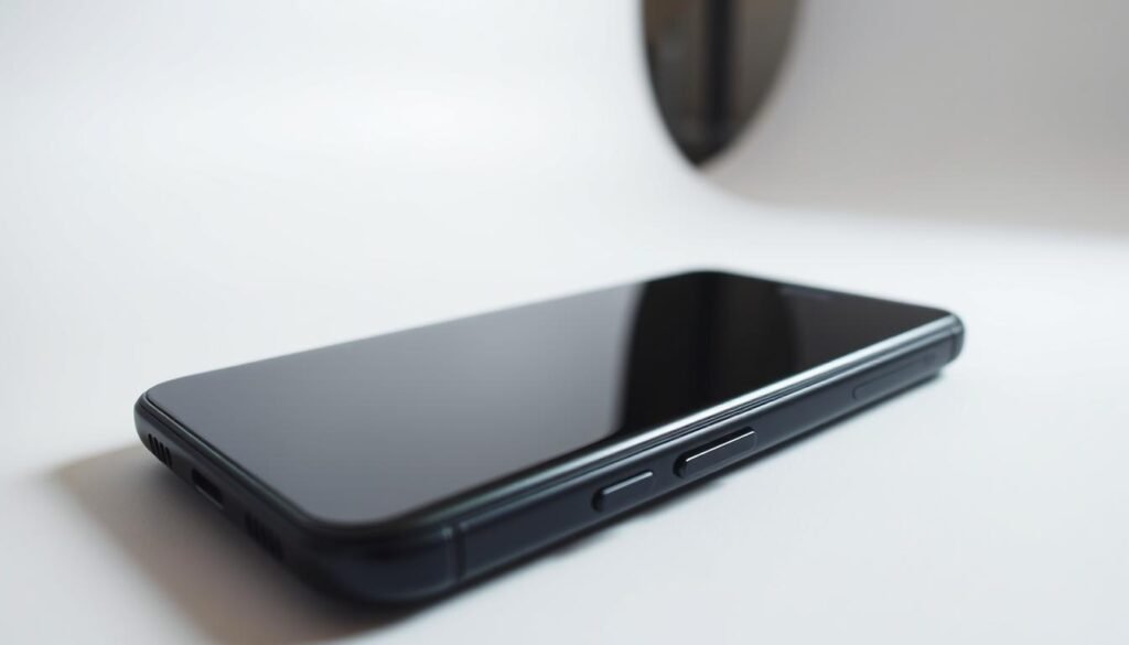 A sleek and modern Samsung Galaxy A55 smartphone, captured in a well-lit studio setting. The device is positioned in the center of the frame, showcasing its elegant design with a matte black finish and subtle accents. The camera is set to a medium close-up angle, highlighting the device's display, buttons, and ports in crisp detail. The background is a seamless white studio backdrop, allowing the smartphone to be the focal point. The lighting is soft and diffused, creating a clean and professional aesthetic. The overall mood is one of sophistication and tech-savviness, reflecting the premium nature of the A55 model.