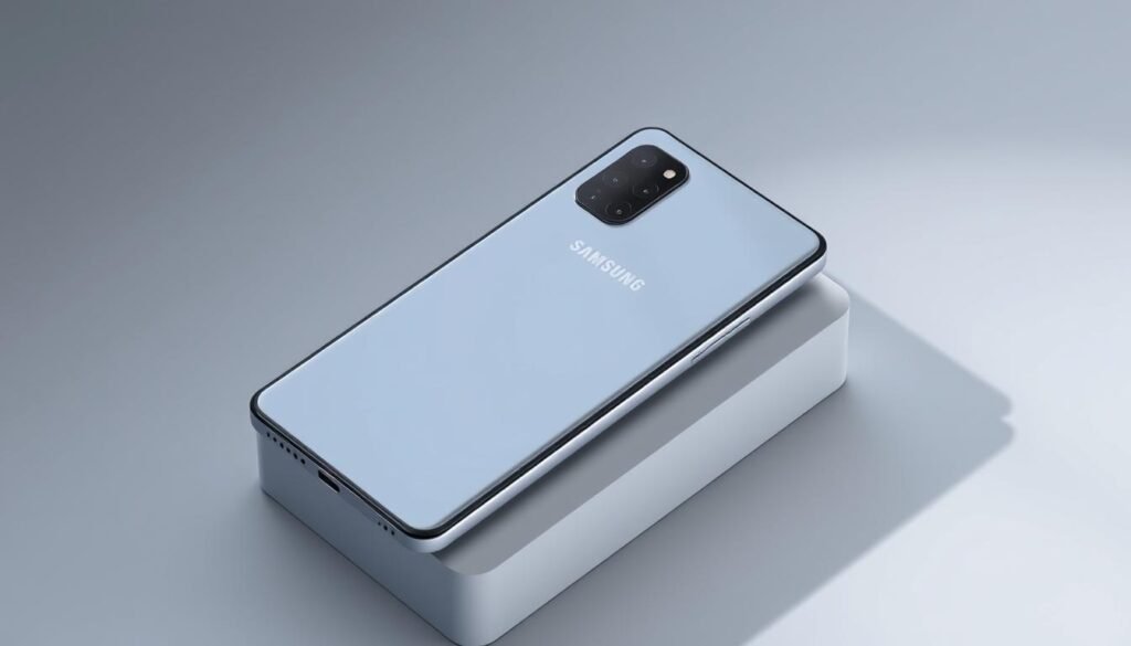 A sleek and modern Samsung Galaxy M15 smartphone, captured from a high angle in a clean, minimalist setting. The device's design features a large, crisp display with slim bezels, a smooth glass back panel, and a triple camera module neatly integrated into the upper left corner. The phone is illuminated by soft, diffused lighting, casting subtle shadows that highlight its elegant curves and premium build quality. The background is a simple, muted color that allows the device to take center stage, showcasing its refined aesthetic and attention to detail.