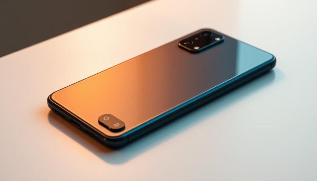 A sleek and modern Samsung Galaxy M34 smartphone resting on a minimalist table, showcasing its striking design. The phone's display features a captivating, edge-to-edge screen with a notch-free, full-body design. The matte, dark grey body is accentuated by a glossy, reflective camera module and power button, creating a stylish and premium aesthetic. The phone is bathed in soft, warm lighting that highlights its clean lines and curves, emphasizing the device's attention to detail and engineering excellence. The background is a clean, neutral-toned environment, allowing the Samsung Galaxy M34 to be the focal point and showcase its unique and distinctive design.