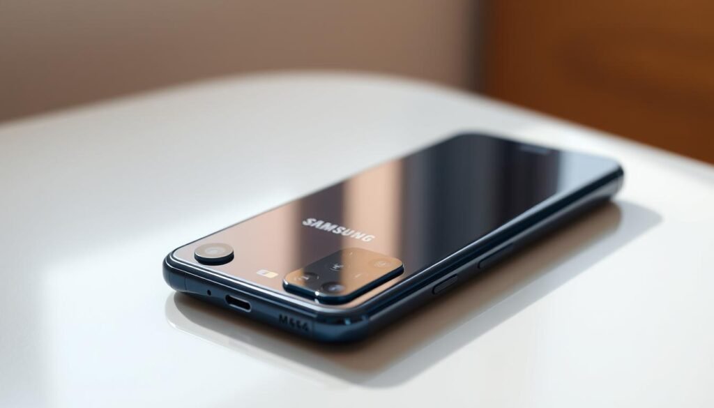 A sleek and modern Samsung Galaxy M54 smartphone resting on a clean, minimalist surface. The device is illuminated by soft, natural lighting, highlighting its glossy, midnight blue chassis and the intricate details of its design. In the foreground, the phone's triple-camera array and fingerprint sensor are prominently displayed, emphasizing its advanced photographic capabilities. The background blurs gently, creating a sense of depth and focus on the central subject. The overall composition conveys a sense of sophistication and technological sophistication, befitting the introduction to this cutting-edge mobile device.