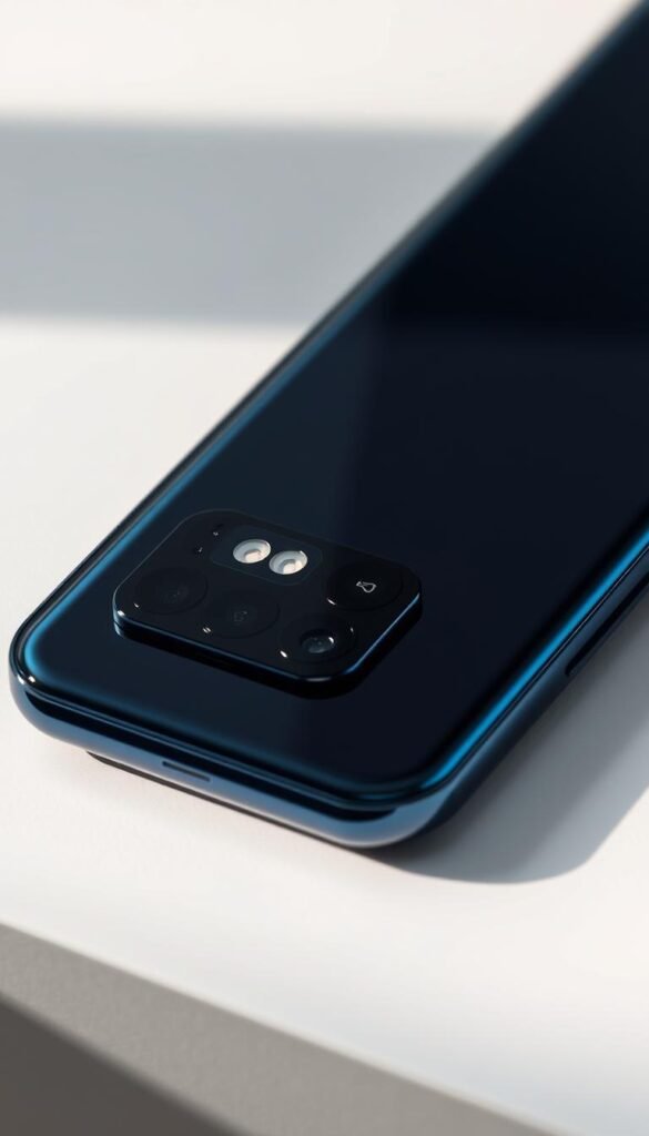 A sleek and modern Xiaomi Redmi Note 13 smartphone, placed on a minimalist white surface. The device's camera module is the focal point, showcasing its triple-lens setup with a primary camera, ultra-wide lens, and telephoto lens. Soft, directional lighting illuminates the phone's glossy, midnight blue chassis, highlighting its elegant design and premium finish. The background is slightly blurred, keeping the attention on the device's impressive camera array. The overall composition exudes a sense of technological sophistication and high-end photography capabilities.