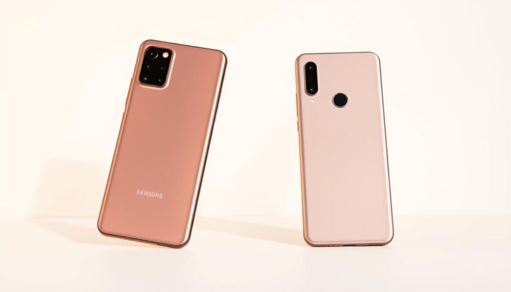 A sleek and modern comparison of two flagship smartphones, the Samsung Galaxy M14 and the Moto E22, set against a minimalist white backdrop. The devices are positioned side-by-side, their surfaces gleaming under warm, directional lighting that accentuates their premium design elements. The scene conveys a sense of balance and symmetry, inviting the viewer to closely examine the subtle differences in form factor, camera placement, and overall aesthetic. The image captures the essence of the "Introduction to the Comparison" section, providing a clean, visually appealing starting point for the article's exploration of these two market-leading smartphones.