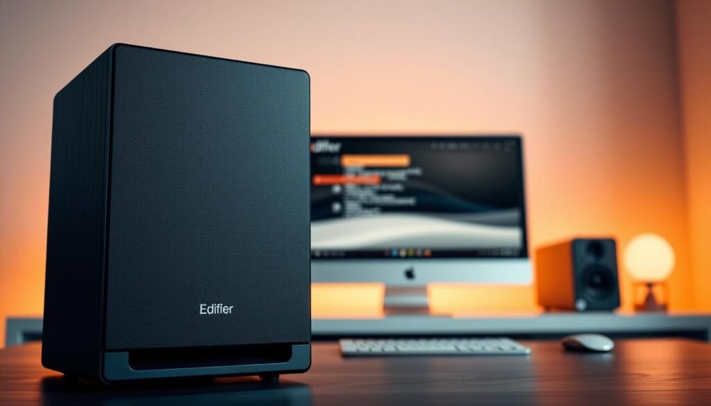 A sleek and modern computer speaker system set against a warm, minimalist backdrop. In the foreground, the Edifier R1000T4 speaker unit stands prominently, its clean lines and brushed metal finish reflecting the thoughtful design. Subtle ambient lighting casts a soft glow, highlighting the speaker's textured surface and subtle branding. In the middle ground, a modern, streamlined desktop computer provides context, while the background features a simple, uncluttered space with neutral tones, allowing the speaker to take center stage. The overall scene conveys a sense of sophistication and high-quality audio performance, perfectly suited for the task at hand.