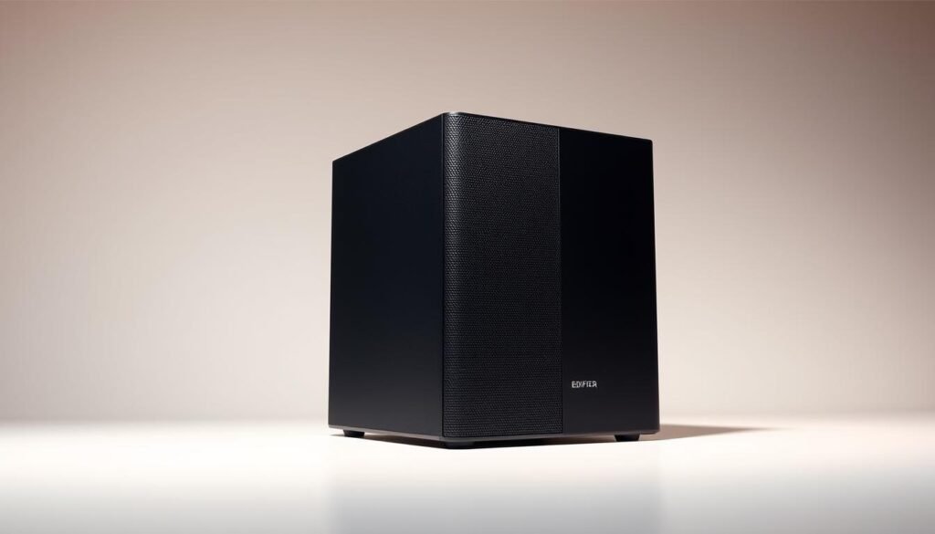 A sleek and modern product shot of the Edifier R1000T4 speaker box, centered against a subtly lit, minimalist white background. The box is positioned at a slight angle, highlighting its clean lines and elegant design. Warm lighting from above and to the side casts soft shadows, accentuating the textured surface and matte finish. The camera angle is slightly elevated, creating a sense of high-end professionalism. The overall mood is one of premium quality and attention to detail, inviting the viewer to appreciate the product's price and value.
