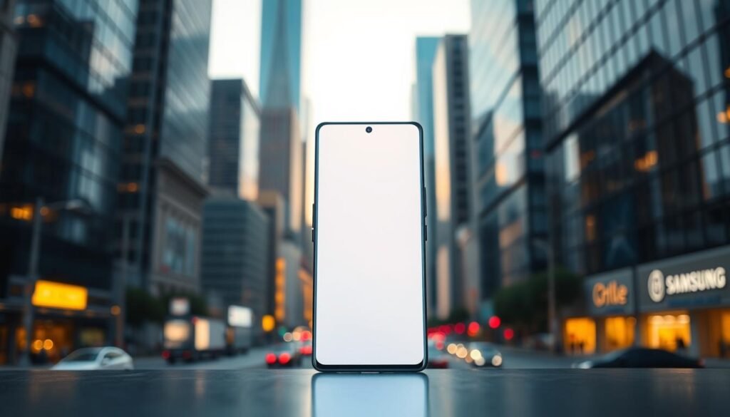 A sleek and modern smartphone stands prominently in the center of the frame, its glass and metal body gleaming under soft, warm lighting. The Samsung Galaxy S23 FE's display is illuminated, showcasing its vibrant colors and sharp details. In the background, a subtly blurred cityscape of skyscrapers and bustling streets creates a dynamic urban atmosphere, suggesting the device's connectivity and advanced capabilities. The overall composition exudes a sense of sophistication and technology, inviting the viewer to explore the features and capabilities of this latest addition to the Galaxy S series.