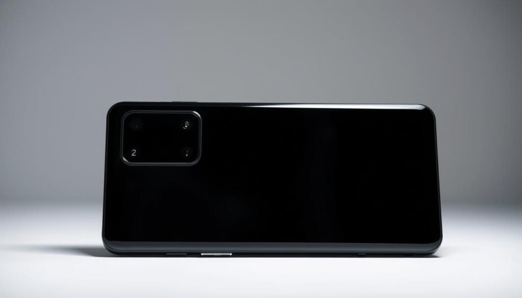 A sleek and sophisticated Samsung Galaxy S23 Ultra with its distinctive curved display and striking black chassis, captured in a well-lit studio setting with a shallow depth of field. The phone's cutting-edge camera module and stylish aluminium frame are showcased in exquisite detail, accentuated by subtle shadows and reflections. The background is a softly blurred, minimalist backdrop, allowing the device to take center stage and convey a sense of premium quality and technological innovation.