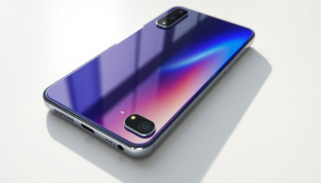 A sleek and sophisticated Samsung Galaxy S24 smartphone, rendered in stunning detail. The device rests on a minimalist surface, with a clean, neutral background that emphasizes its elegant design. Bright, natural lighting illuminates the smartphone's glossy, reflective surface, showcasing its vibrant display and meticulously crafted aluminum chassis. The camera module is prominently featured, hinting at the device's advanced photographic capabilities. The overall composition conveys a sense of modern elegance and technological innovation, capturing the essence of the Samsung Galaxy S24.