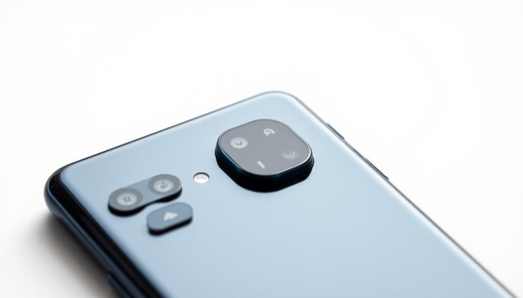 A sleek and stylish Samsung Galaxy A16 smartphone, captured in a meticulously detailed close-up shot against a minimalist white background. The device's glossy, midnight-black chassis reflects the studio lighting, highlighting its elegant design and premium build quality. The camera lens and sensors are prominently displayed, conveying the device's advanced photographic capabilities. Subtle shadows and soft highlights create a sense of depth and dimension, while the overall composition emphasizes the Galaxy A16's modern, sophisticated aesthetic.