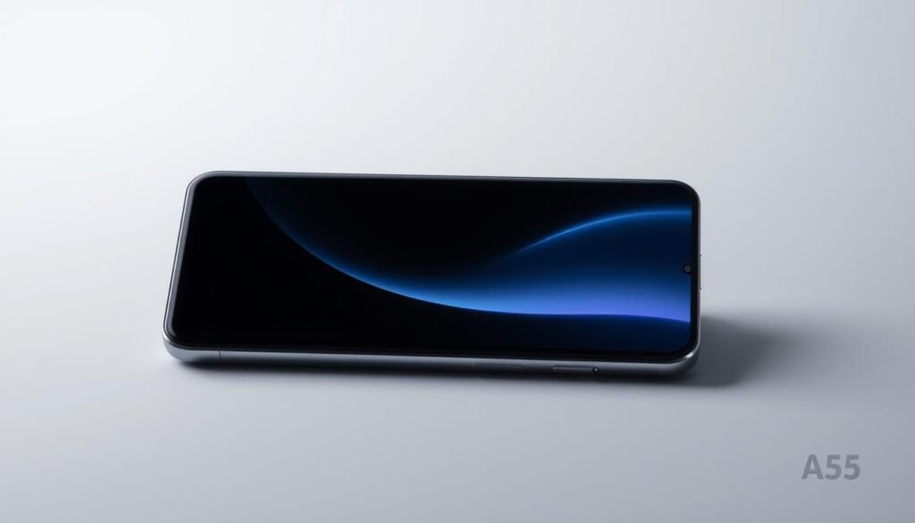 A sleek and visually striking Galaxy A55 smartphone, captured in a professional studio setting. The device is centered in the frame, showcasing its elegant design and premium construction. Soft, directional lighting illuminates the phone's metallic chassis, accentuating its smooth curves and reflective glass surfaces. The background is a simple, muted gradient that allows the smartphone to be the primary focus, drawing the viewer's attention to its refined aesthetic. The composition is well-balanced, with the phone occupying the optimal space within the frame, allowing for a clear and captivating representation of the device's design.