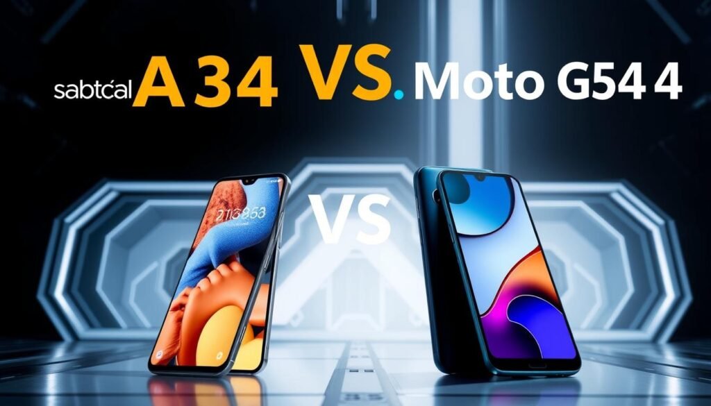 A sleek comparison between two flagship smartphones, the Samsung Galaxy A34 and the Moto G54, set against a dynamic, futuristic backdrop. The devices are prominently displayed, their metallic frames and vibrant displays catching the eye. Dramatic lighting accentuates their modern designs, while a subtly patterned, tech-inspired environment provides context. The scene conveys a sense of confident, side-by-side evaluation, inviting the viewer to explore the differences between these two powerful contenders.