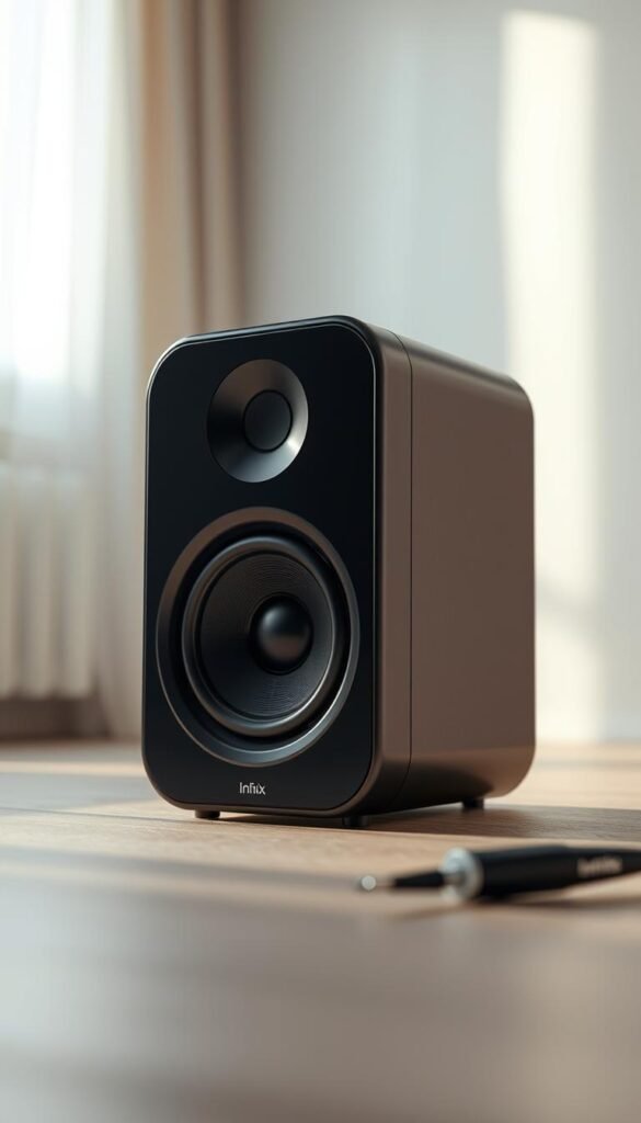 A sleek, high-quality audio system dominates the frame, showcasing the Infinix Zero 30's impressive sound capabilities. The device is positioned prominently, its elegant design and premium materials evident in the detailed rendering. Soft, diffused lighting illuminates the scene, creating a warm, inviting atmosphere that evokes the immersive audio experience. The background is subtly blurred, keeping the focus on the device and its audio features. Precise angles and perspectives highlight the thoughtful engineering and attention to detail that define the Infinix Zero 30's audio performance.