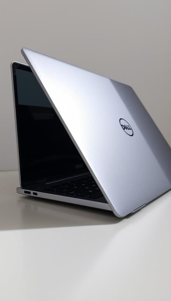 A sleek, metallic-finish Dell Inspiron 15 3000 laptop, viewed from a slightly elevated angle, resting on a plain, light-colored desk. The laptop's screen is open, revealing the Intel Core i5 processor and other internal components. Gentle, directional lighting casts subtle shadows, highlighting the laptop's clean lines and premium aesthetics. The scene conveys a sense of professional, yet approachable, technology. The background is uncluttered, allowing the Dell Inspiron 15 3000 to be the focal point, showcasing its design and specifications.