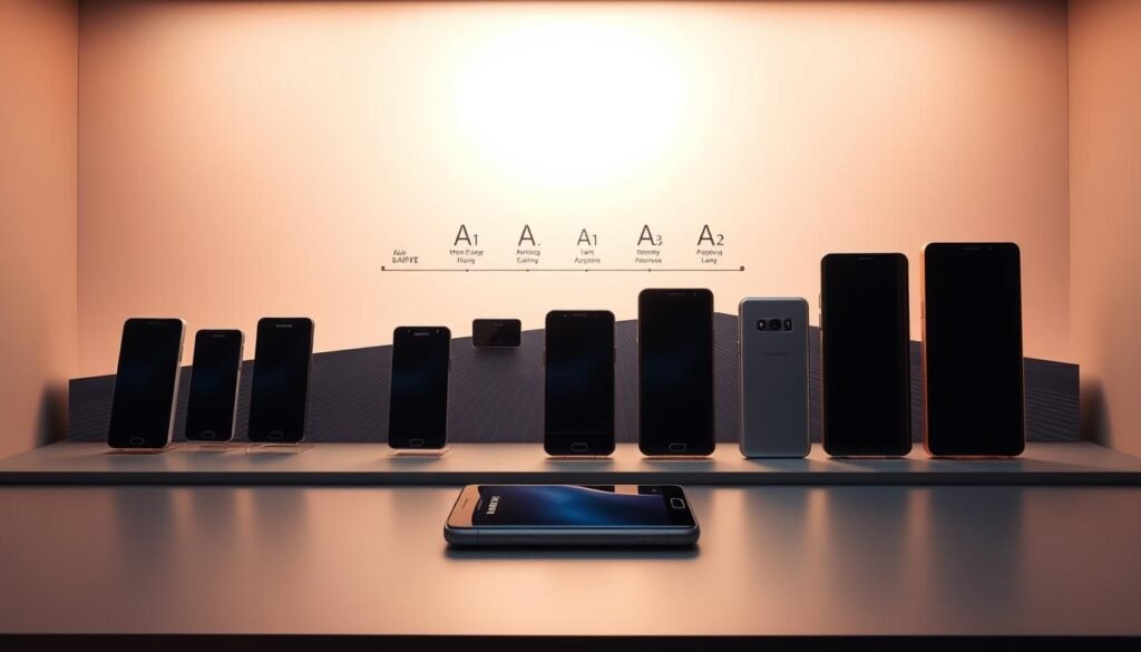 A sleek, minimalist display showcasing the evolution of Samsung's iconic 'A' smartphone line. In the foreground, a carefully curated arrangement of the latest 'A' series devices, each rendered in elegant metallic tones and smooth glass surfaces. The middle ground features a timeline of the 'A' line's development, with key models highlighted against a backdrop of subtly patterned surfaces. The background is a softly lit, gradient-infused environment, giving an aura of technological sophistication. Warm highlights and shadows accentuate the devices' clean, modern design, inviting the viewer to explore the rich heritage of Samsung's premier smartphone series.