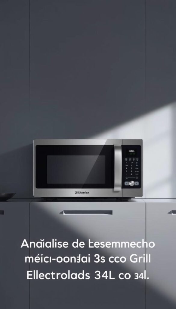A sleek, modern Electrolux 34L microwave oven with grill, showcased in a well-lit, minimalist kitchen setting. The appliance is centered, with a slight angle to highlight its premium design and intuitive controls. Muted tones of gray and white create a clean, professional ambiance, complementing the stainless steel finish of the microwave. Soft, directional lighting casts subtle shadows, emphasizing the microwave's depth and textural details. The image captures the high-quality performance and integrated functionality of this Electrolux model, perfectly suited for the "Análise de Desempenho do Micro-ondas Electrolux 34L com Grill" section.