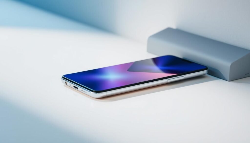A sleek, modern Samsung Galaxy M54 smartphone resting on a minimalist, white surface, its elegant glass and metal design catching the soft, indirect lighting. The phone's screen displays a vibrant, colorful interface, showcasing its advanced features. In the background, a subtle gradient backdrop in shades of blue and gray, creating a sophisticated, premium atmosphere. The composition emphasizes the device's slim profile and seamless integration of hardware and software, highlighting its premium, cutting-edge design.