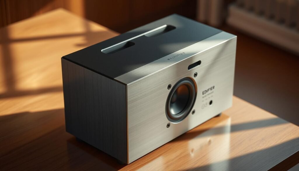 A sleek, modern audio speaker enclosure sits on a polished wooden surface, casting gentle shadows. The front panel is adorned with a luxurious, brushed aluminum finish, subtly reflecting the ambient lighting. Meticulously crafted vents and openings accentuate the device's functional form, hinting at the powerful audio performance within. The scene is bathed in a warm, inviting glow, creating a sense of sophistication and attention to detail. Viewed from a slightly elevated angle, the Edifier R1000T4 audio system exudes a premium, user-centric design that beckons hands-on exploration.