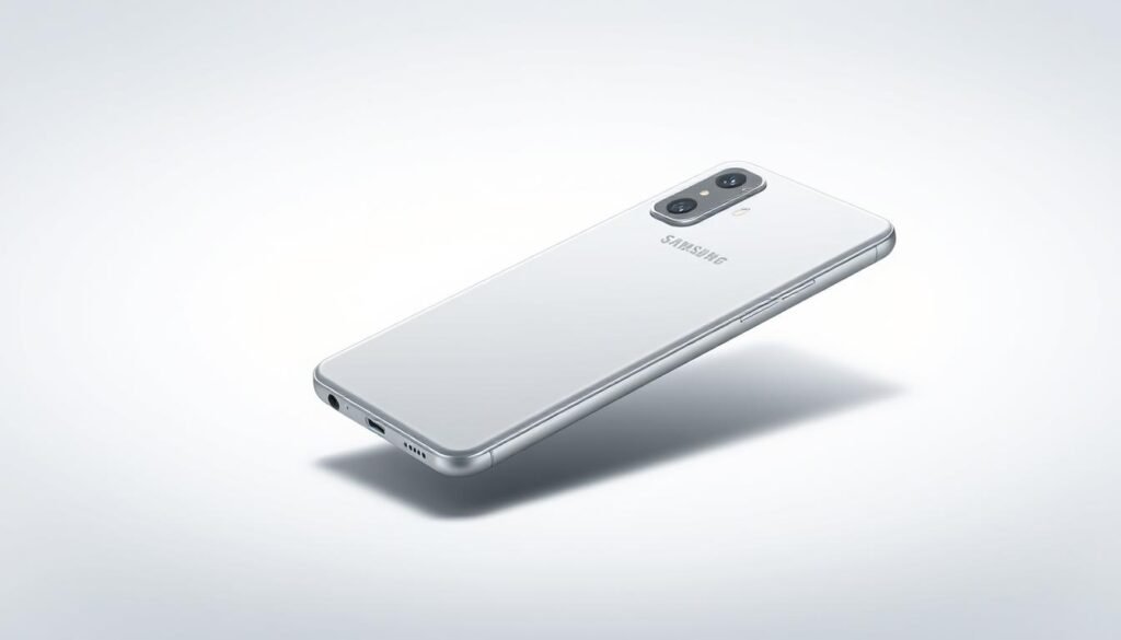A sleek, modern design featuring the Samsung Galaxy A54 smartphone in a stylish silver color, showcased against a soft, diffused background. The device is presented at a slight angle, allowing for a clear view of its slim profile, curved edges, and premium metal and glass construction. Subtle studio lighting accentuates the phone's elegant design details, such as the camera module and power button. The overall composition conveys a sense of sophistication and high-end craftsmanship, reflecting the quality and attention to detail that defines the Samsung Galaxy A54.