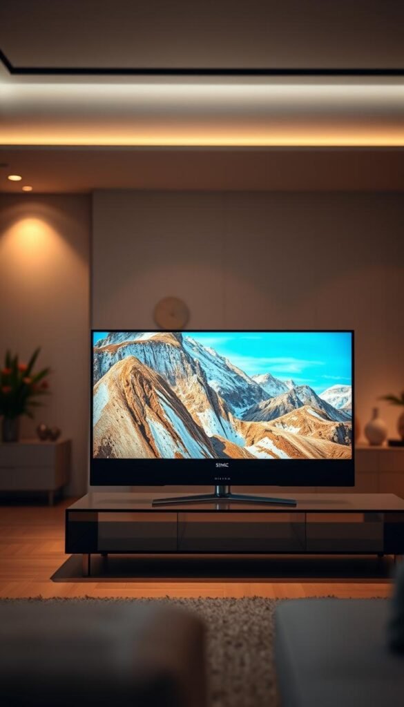A sleek, modern-looking Semp Crystal UHD television set standing prominently in the foreground, its screen displaying detailed 4K visuals. The TV is placed on a minimalist glass or wood entertainment center, bathed in warm, indirect lighting that highlights its clean, elegant design. The background is slightly blurred, suggesting a high-end living room setting with subtle ambient decor, creating a sense of luxurious, technology-focused home environment. The overall composition conveys the premium quality and energy-efficient performance of the Semp Crystal UHD display.
