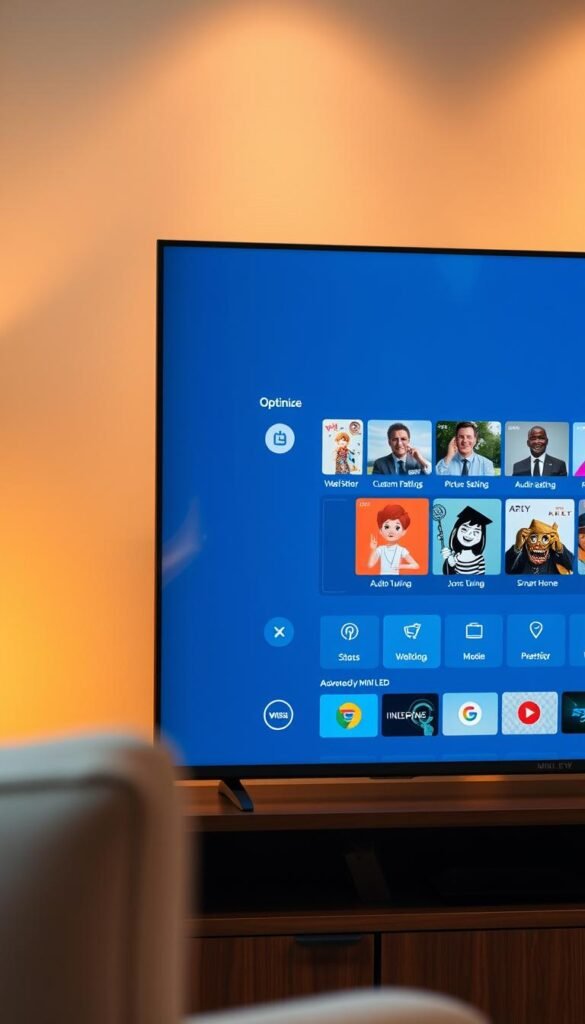 A sleek, modern smart TV interface, its home screen showcasing a variety of content options. The display is crisp and vibrant, showcasing the advanced Mini LED technology. The user navigates the menus with a minimalist, intuitive layout, highlighting optimization features like custom picture settings, audio tuning, and smart home integrations. Warm, soft lighting illuminates the scene, creating a cozy, inviting atmosphere for the viewer to envision their optimal home entertainment setup.