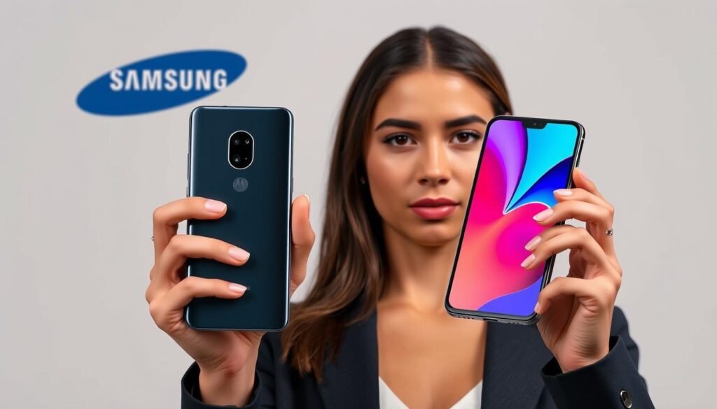 A sleek, modern smartphone held confidently in the hands of a determined woman, showcasing the Moto G14 and Moto G24 models. The devices are rendered in crisp detail, their metallic frames and vibrant displays shimmering under the warm, studio lighting. The woman's expression conveys a sense of professional poise, her gaze fixed on the camera. The background is a clean, minimalist setting, allowing the smartphones to take center stage. Samsung's branded logo subtly adorns the scene, complementing the high-tech atmosphere. The overall composition exudes a sense of sophistication and technology, perfectly suited to illustrate the introduction to the Moto G14 and Moto G24 comparison. A sleek, modern smartphone held confidently in the hands of a determined woman, showcasing the Moto G14 and Moto G24 models. The devices are rendered in crisp detail, their metallic frames and vibrant displays shimmering under the warm, studio lighting. The woman's expression conveys a sense of professional poise, her gaze fixed on the camera. The background is a clean, minimalist setting, allowing the smartphones to take center stage. Samsung's branded logo subtly adorns the scene, complementing the high-tech atmosphere. The overall composition exudes a sense of sophistication and technology, perfectly suited to illustrate the introduction to the Moto G14 and Moto G24 comparison.