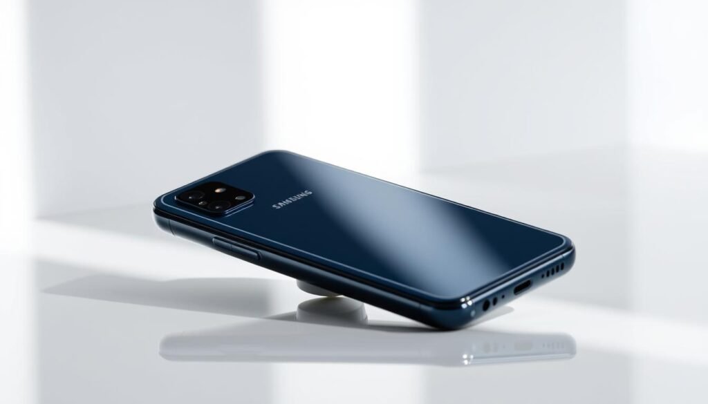 A sleek, modern smartphone with a meticulously crafted design. The Samsung Galaxy A15 is showcased in a well-lit studio setting, captured from a slightly elevated angle to highlight its refined aesthetics. The device's front panel features a vibrant, edge-to-edge display with a minimalist notch, while the rear panel showcases a sophisticated camera array. The smartphone is positioned on a clean, reflective surface, allowing for a sense of depth and creating a captivating visual presentation. Subtle highlights accentuate the device's premium finish, revealing its attention to detail and quality craftsmanship. The overall composition conveys a sense of sophistication, showcasing the Galaxy A15 as a standout device in the mid-range smartphone market.