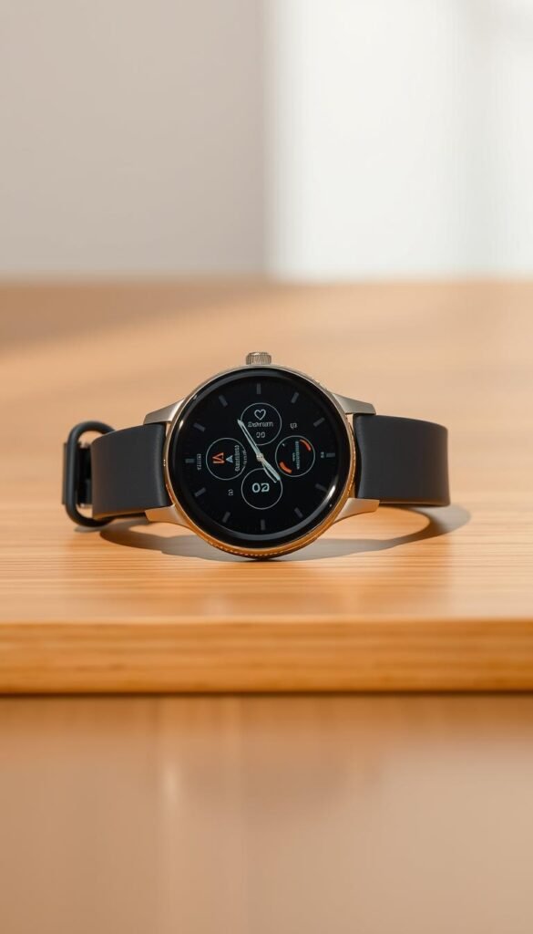 A sleek, modern smartwatch resting on a minimalist wooden surface, its display showcasing a detailed, high-resolution visualization of the Amazfit Bip 5's key features and capabilities. The watch is captured in a warm, natural lighting, emphasizing its premium design and attention to detail. The background is a clean, uncluttered space, allowing the smartwatch to be the focal point, conveying a sense of focus and clarity. The image should evoke a feeling of confidence and quality, reflecting the robust and reliable nature of the Amazfit Bip 5.