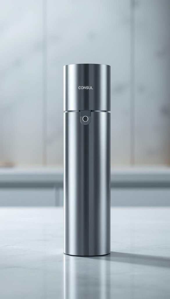 A sleek, modern water purifier standing prominently in the center of the frame, its metallic surface gleaming under soft, directional lighting. The Consul CPB34 embodies a minimalist design, with clean lines and a compact, cylindrical shape. The purifier is positioned against a blurred, out-of-focus background, drawing the viewer's eye to the device's elegant simplicity. The image conveys a sense of high-quality engineering and technological advancement, reflecting the purifier's advanced water filtration capabilities. The overall mood is one of refinement, efficiency, and confidence in the product's ability to provide clean, pure water.